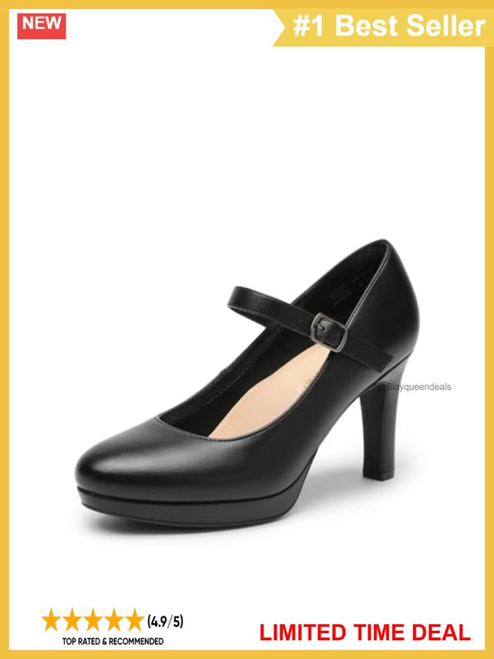 Mary Jane High Heel Pumps Vegan Leather 3.5-Inch Almond Toe Dressy